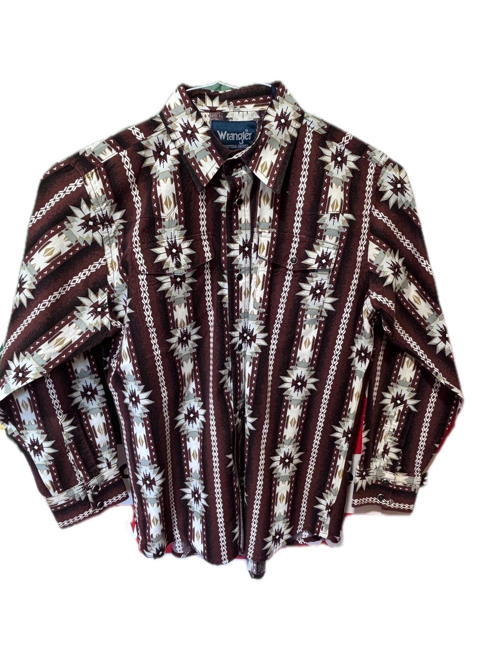 Wrangler Maroon & Cream Aztec-Patterned Western pearl snap Button-Down Shirt